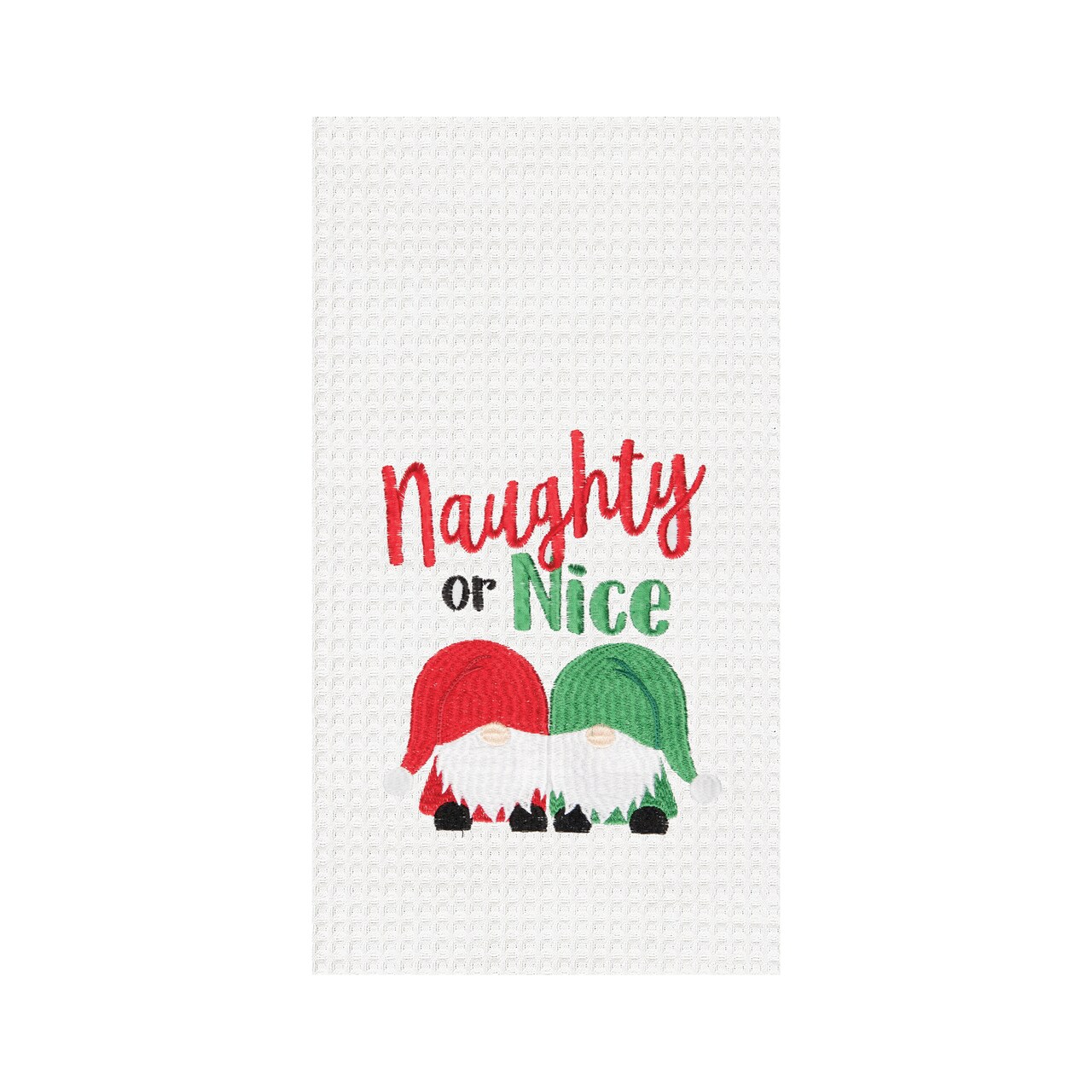 Naughty Or Nice Gnomes Embroidered & Waffle Weave Kitchen Towel